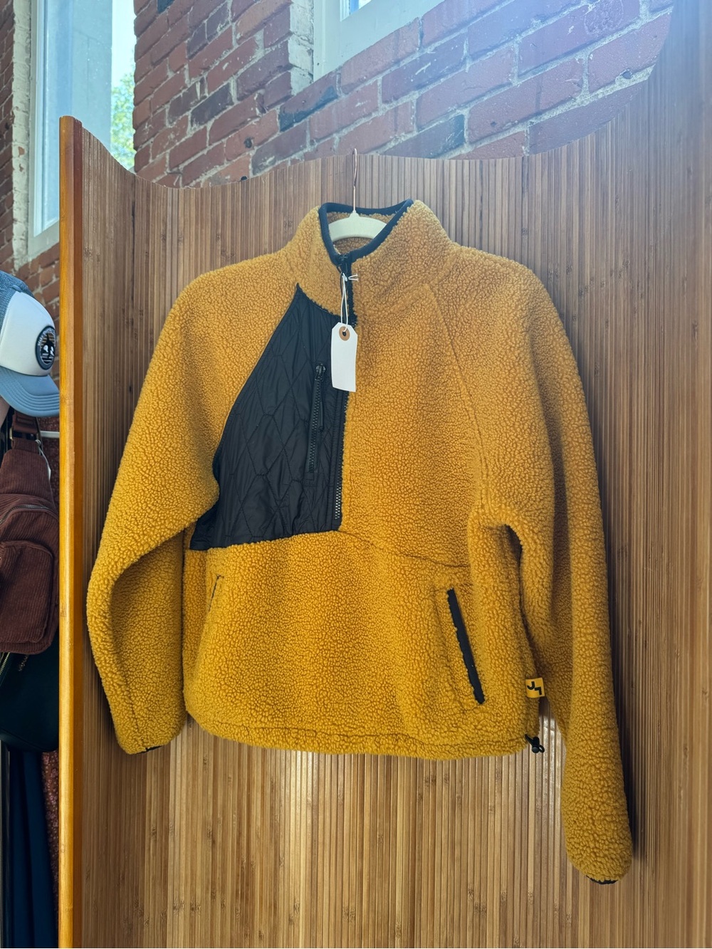 Mustard Sherpa Pullover with Black Quilted Panel